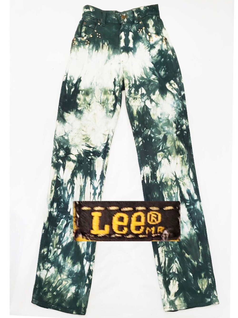 Vintage 70s Lee Riders Original Tie Dye Bleached Green Studded Jeans Pants Denim